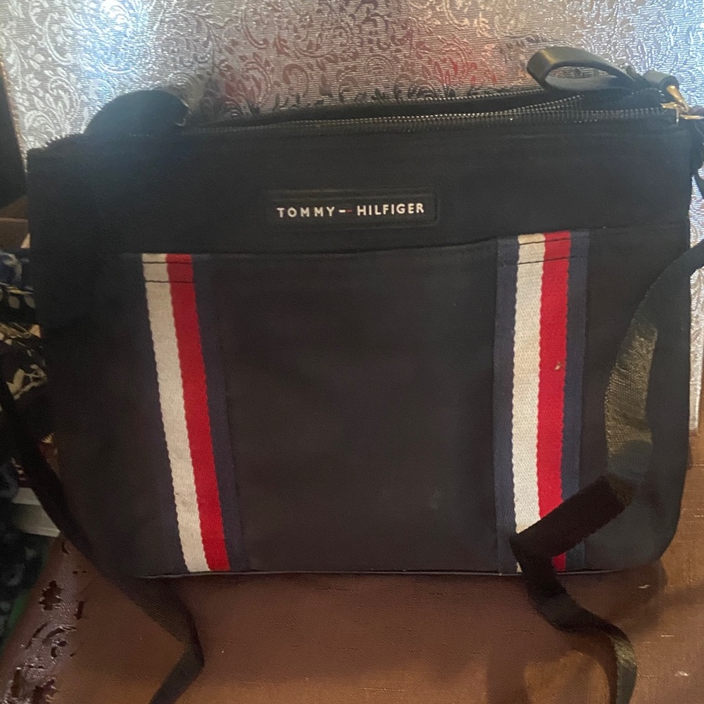 Tommy Hilfiger Black Messenger Bag with Red and White Stripes